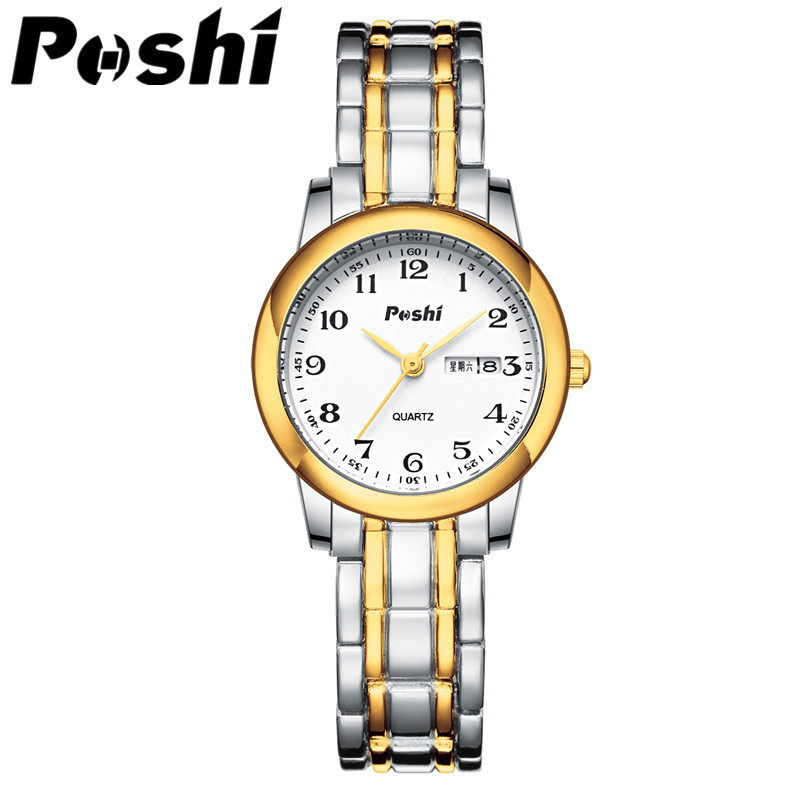 Poshi reloj de mujer nueva moda correa de acero inoxidable doble calendario reloj de mujer reloj de cuarzo venta al por mayor entrega de una pieza