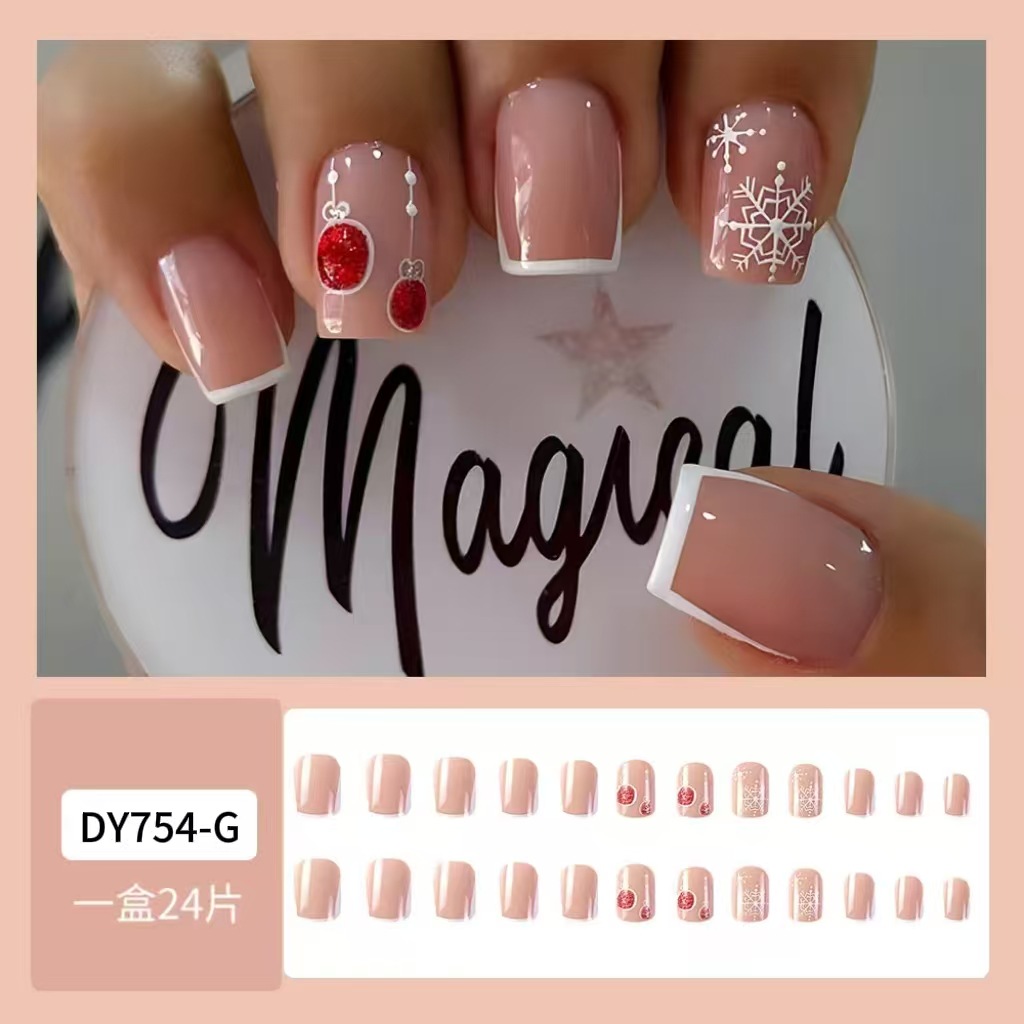 Color desnudo fondo francés blanco vestido con uñas rojas brillantes bola de vacaciones atmósfera de uñas románticas transfronterizas parches de uñas image 2
