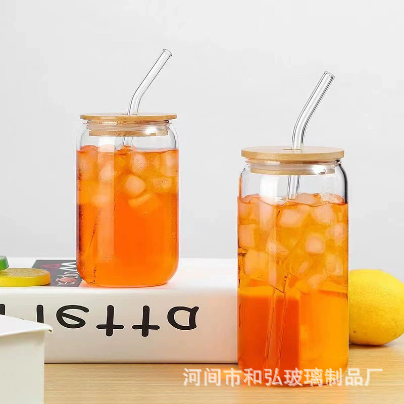 Vaso de vidrio de borosilicato alto con pajita, vaso para cola con tapa, vaso para café y leche, vaso para jugo con pajita, vaso transparente para agua