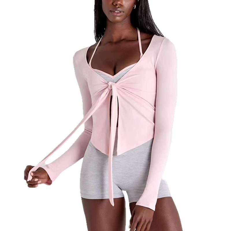 2026 chaqueta de yoga alta elástica pro-piel V corbata de manga larga deportes de comercio exterior fuera de la calle doble ajuste Pilates fitness