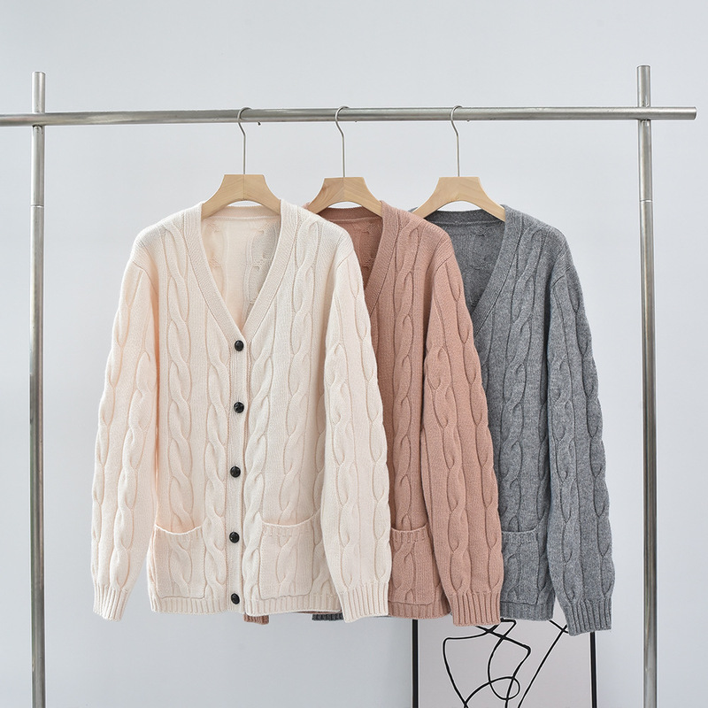 Factory Clearance Autumn and Winter Lp New Pure Cashmere Cardigan Women's V Neck Lazy Knitted Sweater Mid-Length Thick Outwear