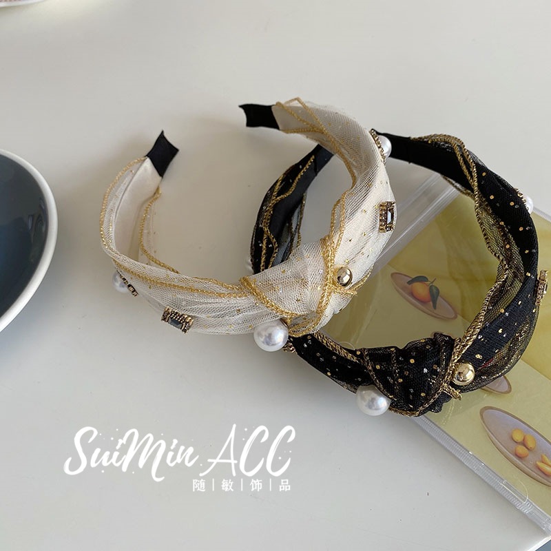 Estilo coreano retro bronceado diadema anudada malla diamante incrustado diadema de ala ancha Retro lavado de cara Paquete de cabello grutas de cabello accesorios para el cabello