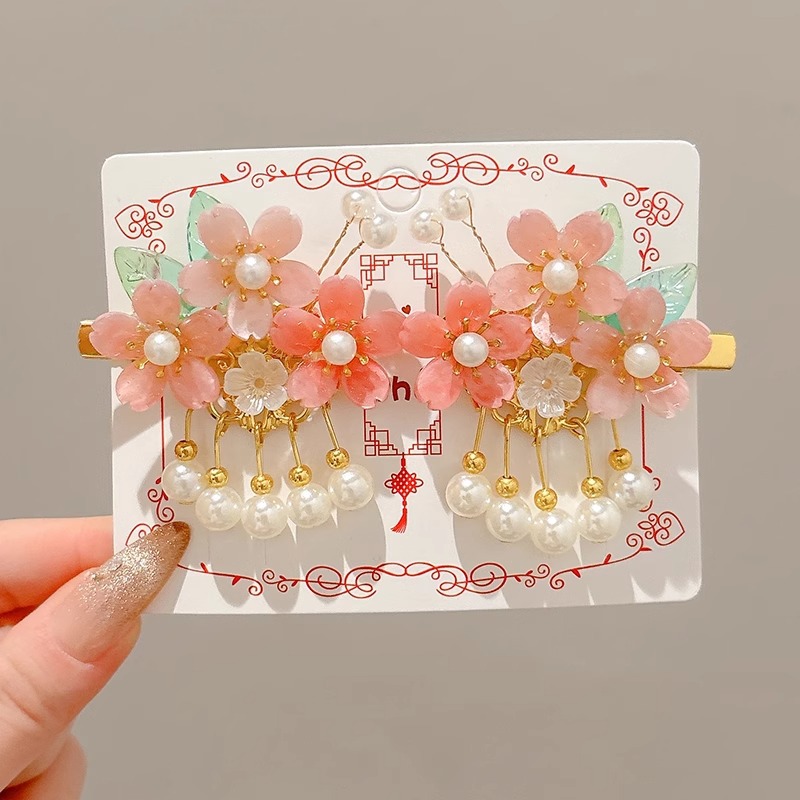 Niños flores de perlas para el cabello de mujeres estilo antiguo estilo Han toque de cabello de niña super inmortal estilo nacional tarjeta de cabello de niña pequeña para el cabello de clips