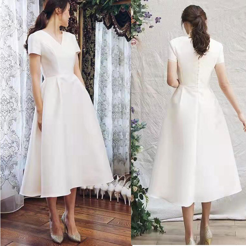 Comercio exterior europeo y americano Amazon AliExpress deseo elegante vestido de novia con cuello en V simple vestido de novia de satén vestido de longitud media