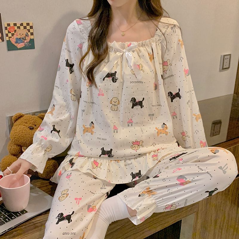 Pijamas de tela arrugada al por mayor transfronterizos primavera y otoño dulce princesa cinturón de viento almohadilla de pecho pantalones de manga larga dos piezas de ropa para el hogar