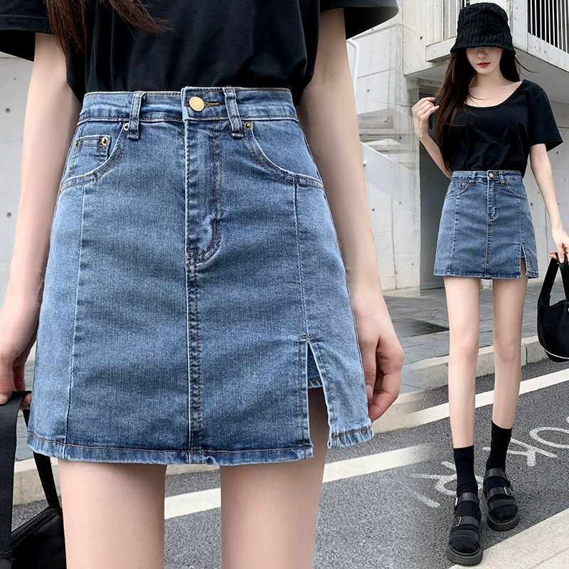 Эластичная удобная Легкая джинсовая ткань средней длины с высокой талией и синей подкладкой, универсальная весенне-летняя новая юбка