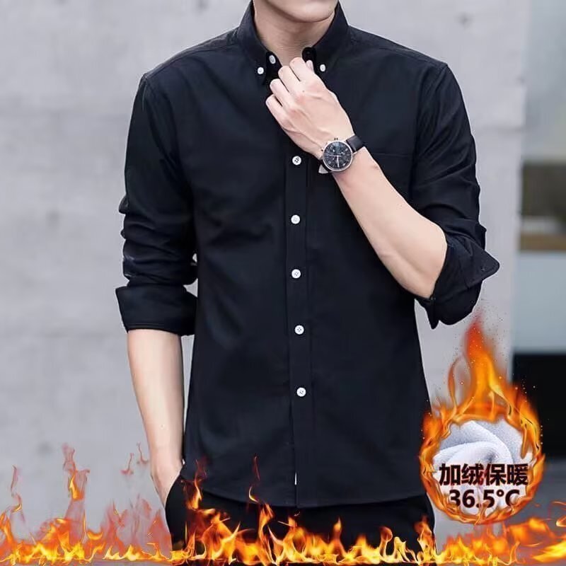 High-end men's long-sleeved shirt warm fleece-lined thickened winter business high-end slim-fit solid color simple shirt men