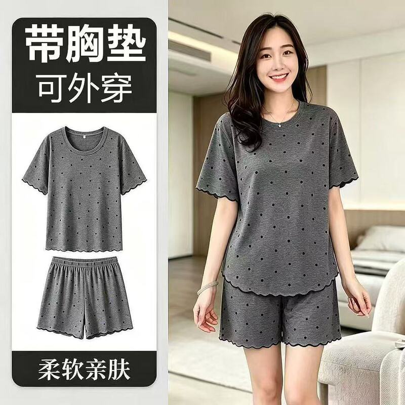 Foreign Trade Summer Round Neck Short-Sleeved Shorts Floral Pajamas for Women Two-Piece Set with Chest Pads Sweet and Cute Home Clothes for Girls Foreign Trade Summer Round Neck Short-Sleeved Shorts Floral Pajamas for Women Two-Piece Set with Chest Pads Sweet and Cute Home Clothes for Girls