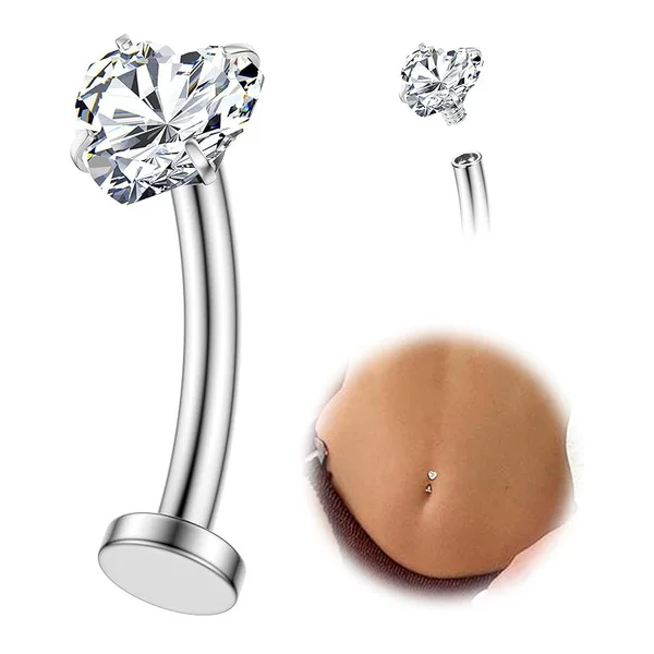 New Cross-Border Stainless Steel Flat-Bottomed Navel Barbell Spiral Zircon-Inlaid Navel Piercing Jewelry with Heart Design