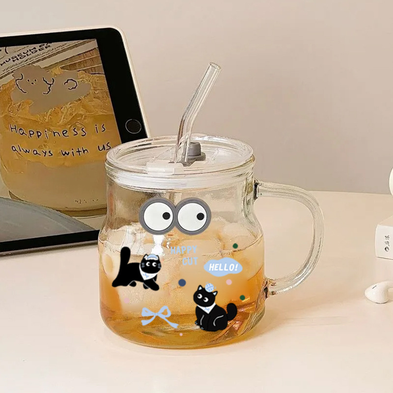杯子大容量办公室玻璃吸管杯高颜值上班族带盖便携咖啡杯男女水杯