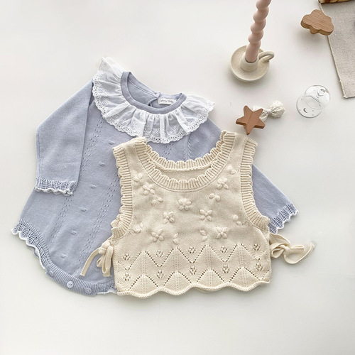 Cutemily Baby Girl Knitted Jumpsuit Ruffled Collar Romper Girls' Thin Spring and Autumn Long-Sleeved Embroidered Triangle Bodysuit