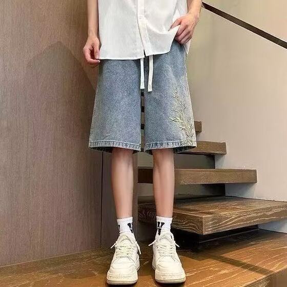 Summer New Men's Chinese-Style Embroidered Denim Shorts, Thin Loose Versatile Washed Mid-Length Shorts