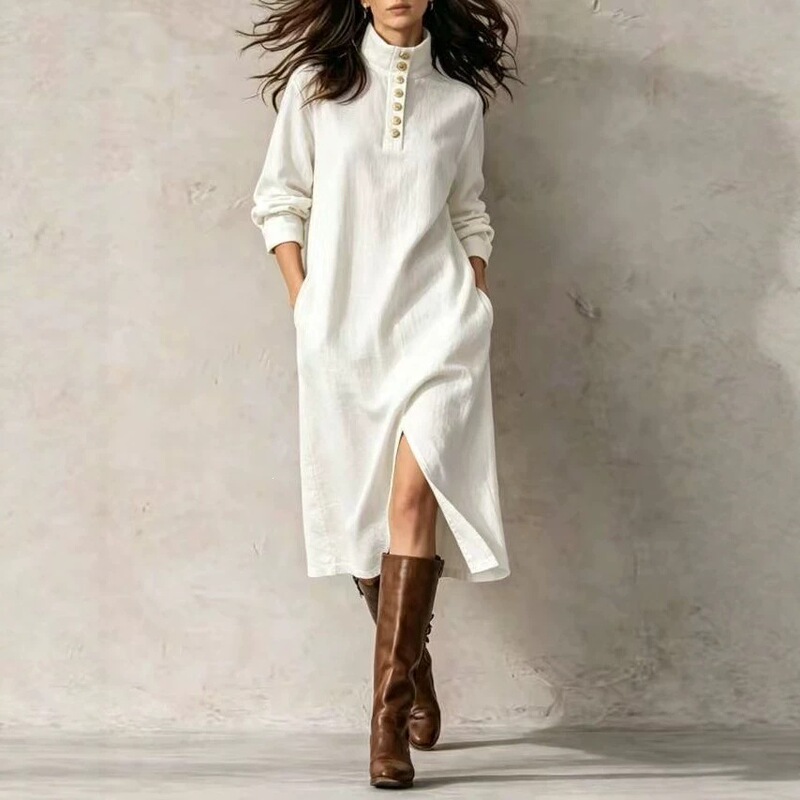 2026 cross-border European and American style new linen blend loose-fitting dress with a stand-up collar, front tie, and pockets