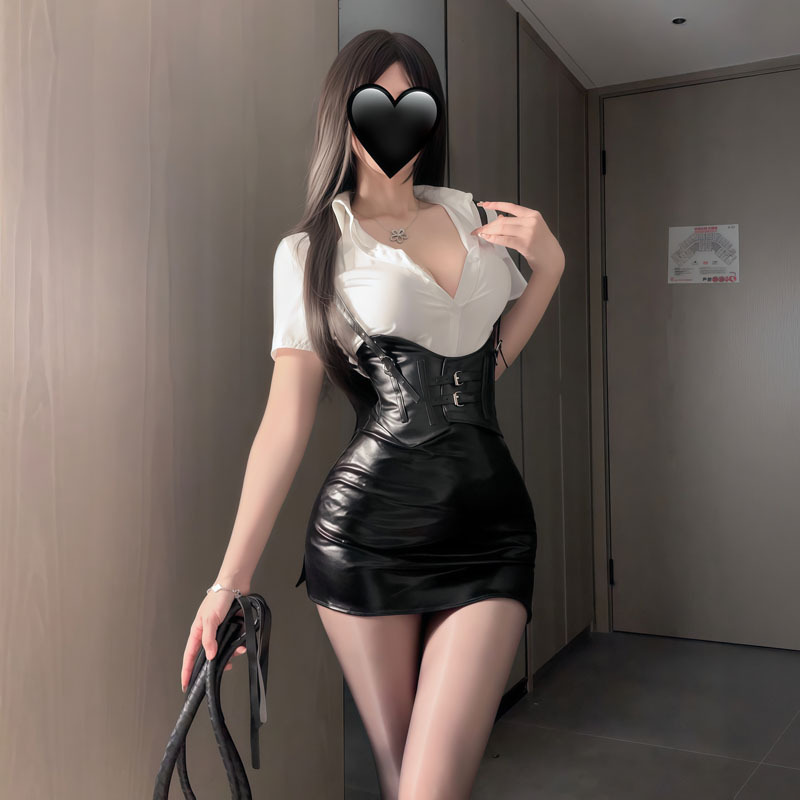 Sexy and Interesting Female Secretary Patent Leather Hip Skirt Passionate Temptation Uniform Suit Role Play Teacher Leather Skirt
