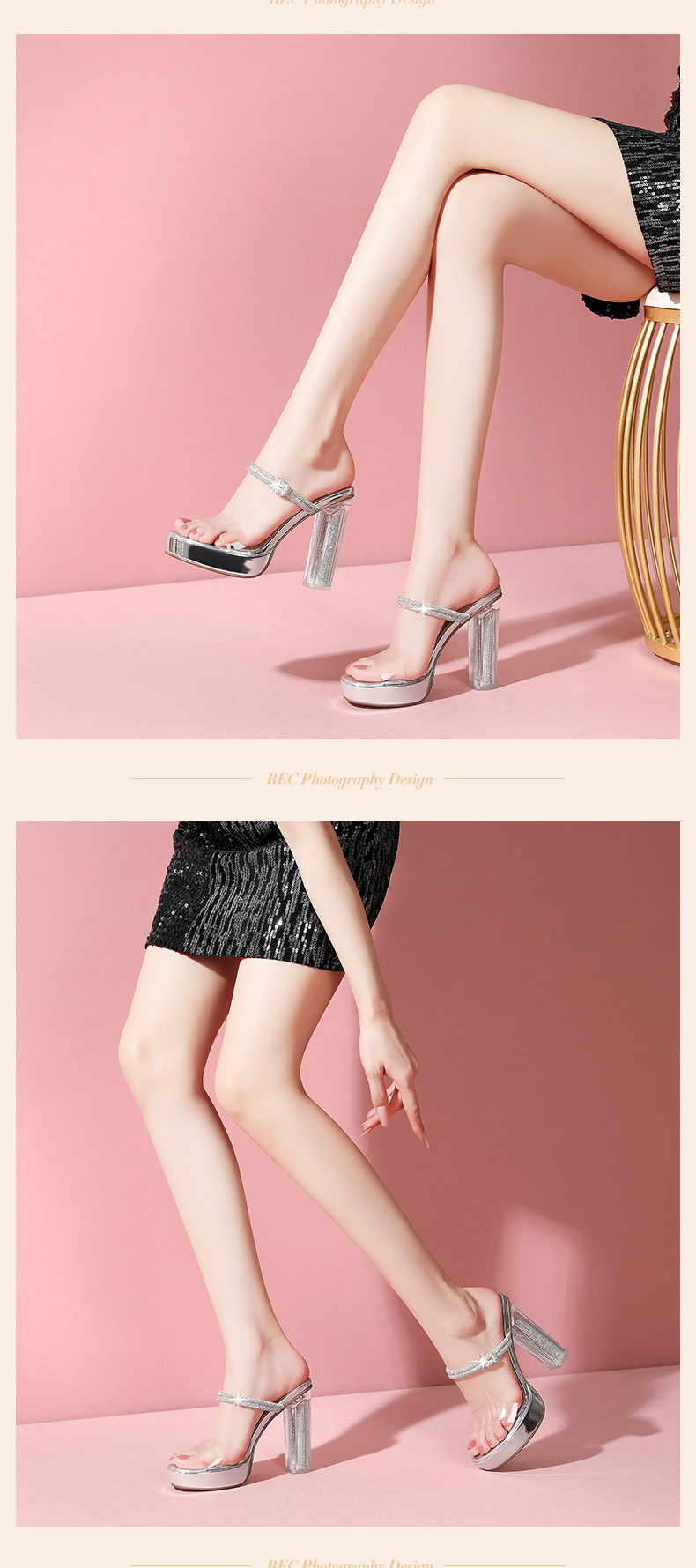 Sandal cao gót nữ gót trong suốt pha lê, quai ngang, gót 9 cm — Màu Sâm panh chi tiết 13