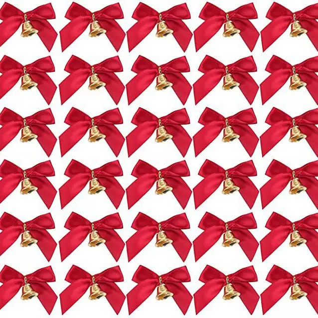 跨境DIY圣诞节缎带蝴蝶结铃铛工艺品迷你蝴蝶结红丝带蝴蝶结铃铛