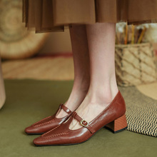 优雅复古质感十足羊皮玛丽珍鞋2024春新款粗中跟尖头全真皮单鞋女