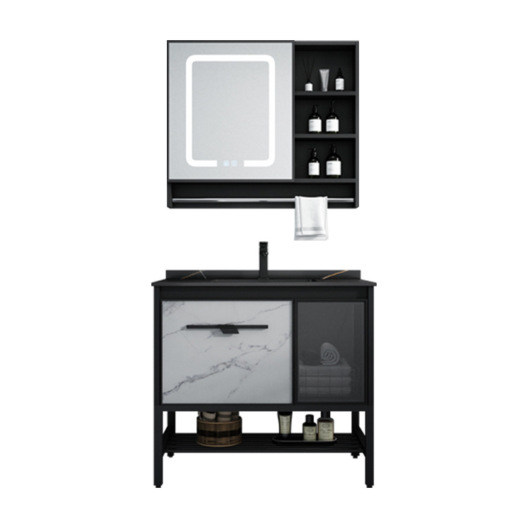 De aluminio espacio pequeño apartamento baño gabinete combinación piso-tipo integrado de cerámica de lavado de manos roca placa lavabo espejo inteligente lavabo del gabinete