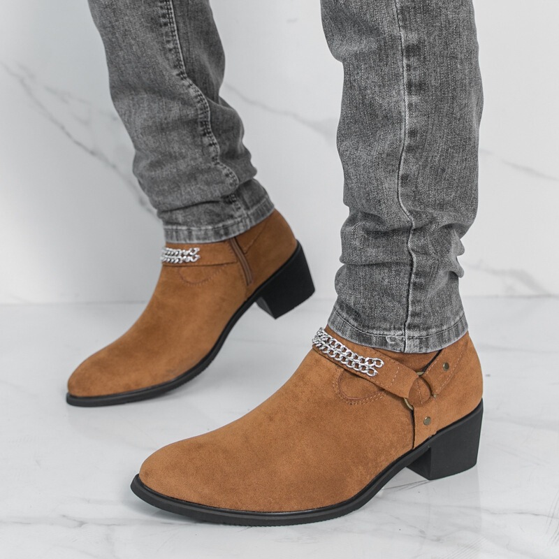 Cross-Border Autumn Suede Zippered Pointed-Toe Leather Boots, Formal High-Top Leather Shoes, Height-Increasing Short Boots, British Style Large Size Men's Shoes