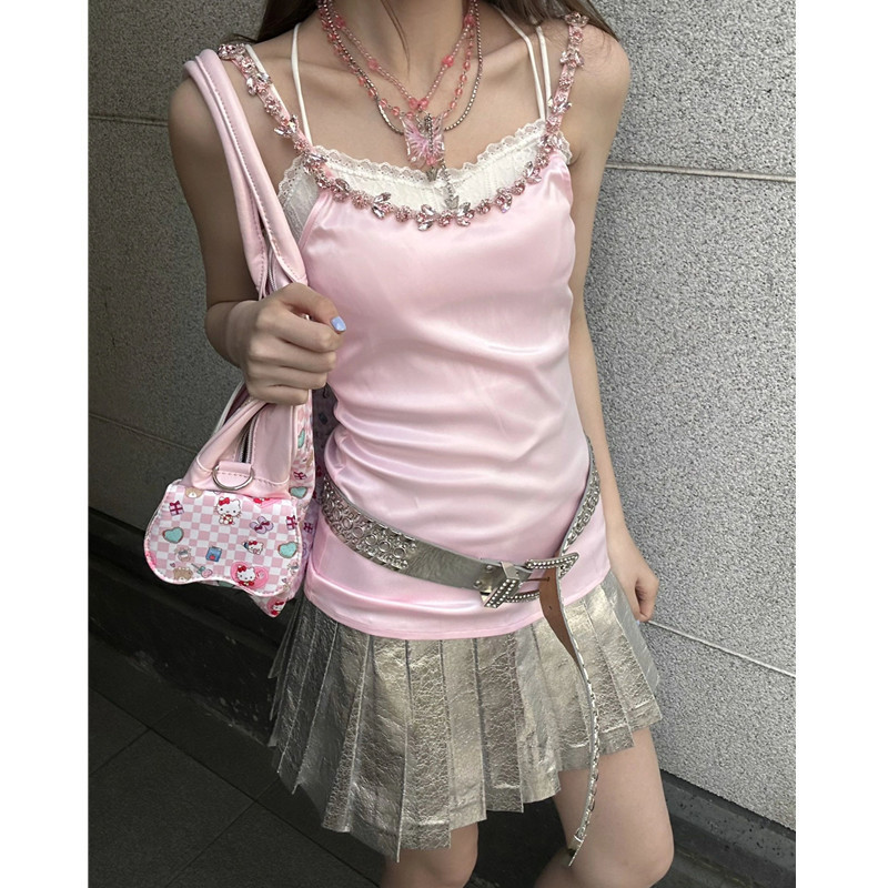 2025年夏の新しいピンクのガーリーハート象嵌ピンク宝石キャミソールは、女の子らしさと愛を保ちます|undefined
