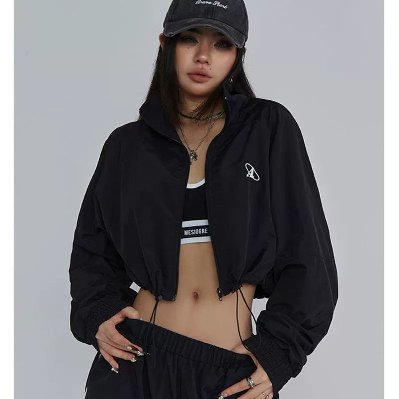 Sports jacket women, long-sleeve American style, embroidered, loose fit cropped with drawstring