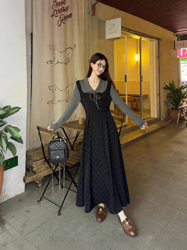 大码女装法式假两件连衣裙女秋冬季新款赫本风显瘦打底长裙|undefined