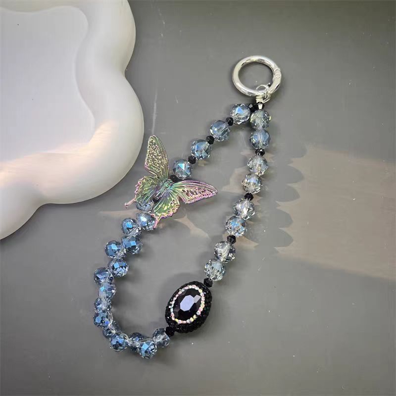 Cadena de teléfono móvil de cristal tridimensional de alta calidad, bola de diamantes de imitación de mariposa de lujo ligero, cordón de teléfono móvil, cordón de muñeca corto nuevo