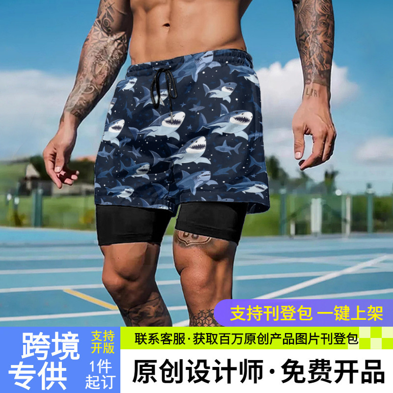 Fashionable New Lined Faux Two-Piece Sports Shorts for Men, Breathable Running Shorts, Niche Versatile Shark Print