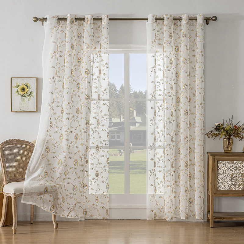 Cross-border hot color embroidered window screen living room bedroom balcony tulle embroidered finished gauze curtain factory in stock wholesale Cross-border hot color embroidered window screen living room bedroom balcony tulle embroidered finished gauze curtain factory in stock wholesale