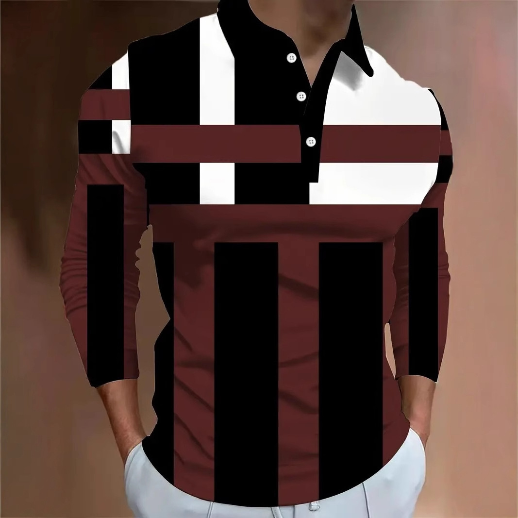Color de contraste geométrico simple impresión 3D hombres primavera y otoño negocio suelto manga larga transpirable botón cuello POLO camisa en stock