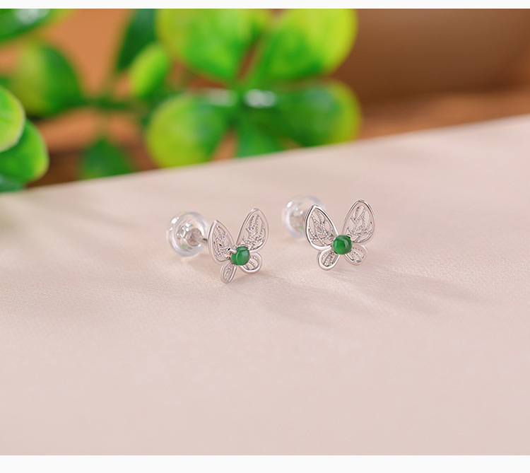 Bông tai bạc S925 mạ vàng hình bướm rỗng phong cách retro — Kiểu màu bạc chi tiết 4