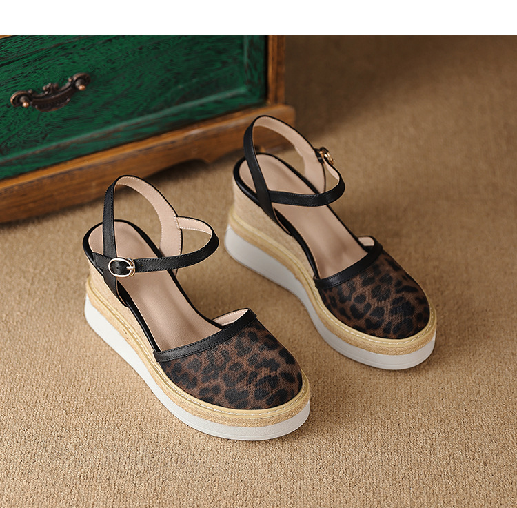 Sandal nữ đế xuồng cao gót lưới phong cách dân tộc Mary Jane mũi kín — màu đen chi tiết 11