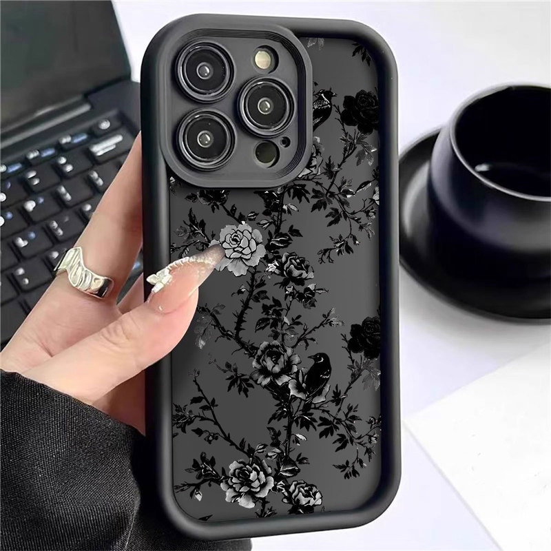 Black Rose Flower Branch Ladder Black New Style Groove Suitable for Iphone/15/16/17Promax Phone Case Protector Black Rose Flower Branch Ladder Black New Style Groove Suitable for Iphone/15/16/17Promax Phone Case Protector