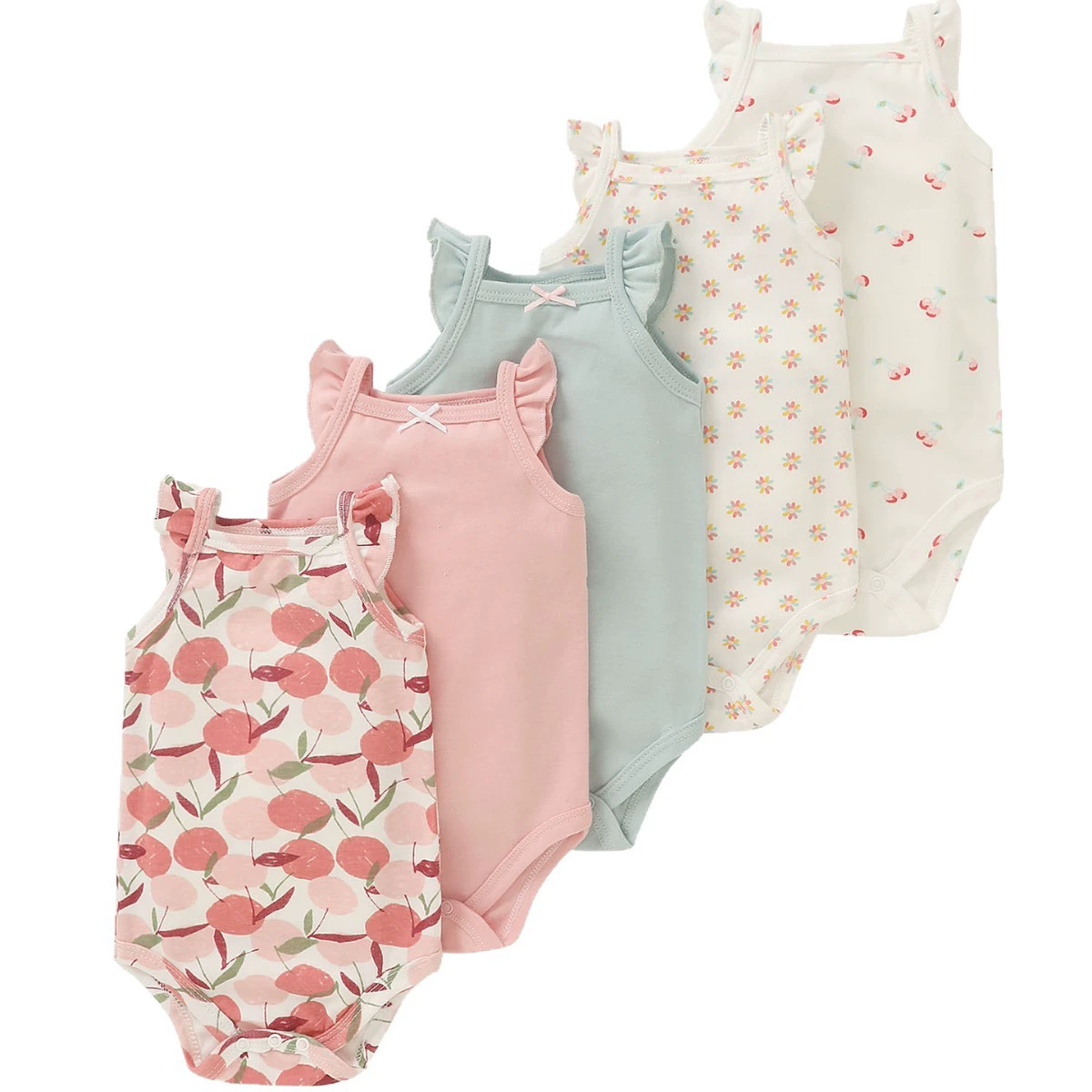 婴幼童夏季吊带花朵印花5件套装0-1岁三角哈衣女宝薄款花边包屁衣