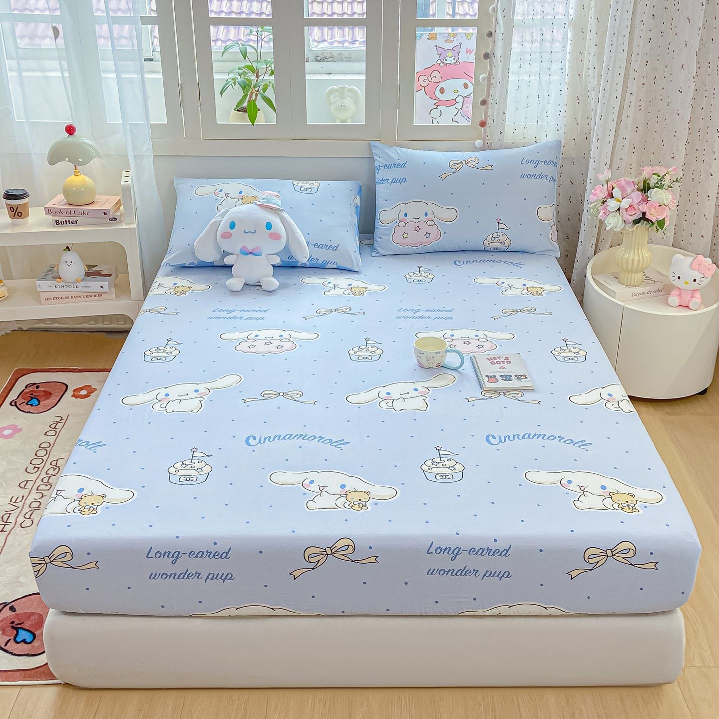 Sanrio Cotton Cartoon Gourmet Pudding Dog Bed Sheetss Kidsren's Student Dormitory Home Mattress Protector Removable and Washable