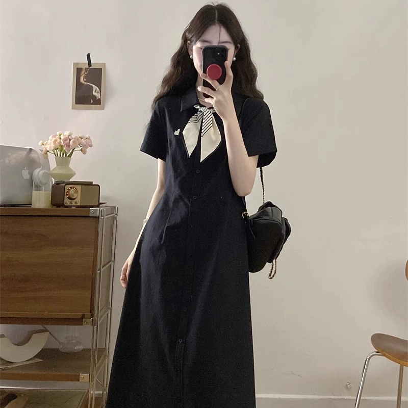 Летнее элегантное элегантное розовое платье с воротником-поло в консервативном стиле, женская черная рубашка с короткими рукавами больших размеров, длинная юбка