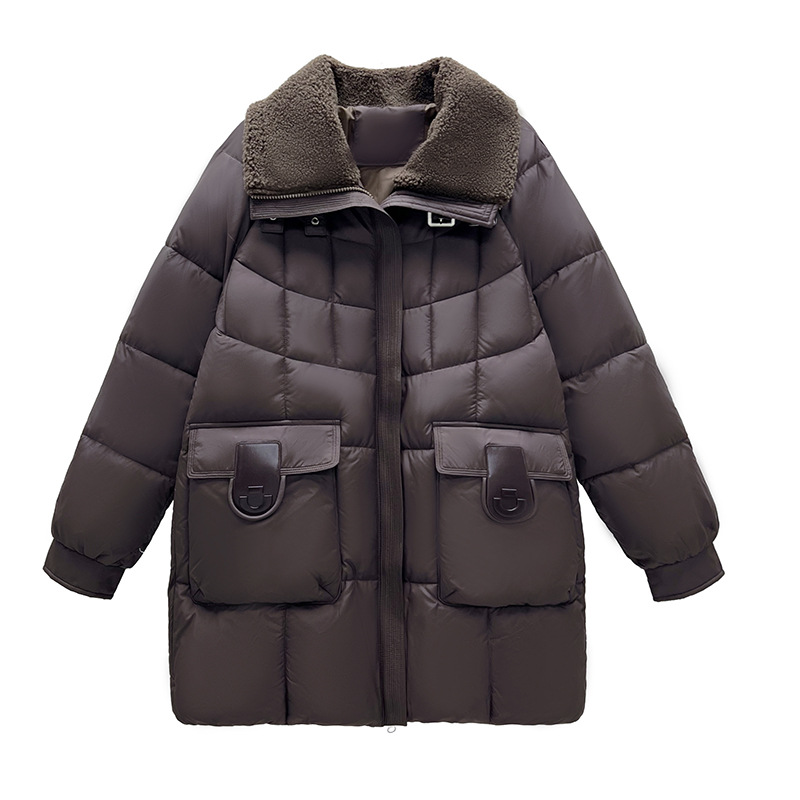 2025 invierno nuevo cuello suelto de costura media larga gran bolsillo delgado estilo coreano chaqueta de algodón de alta calidad