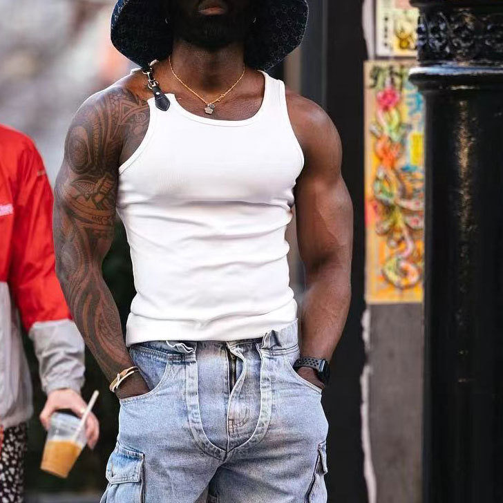 West Coast Hip-Hop American-Style Sleeveless Ribbed Tank Top for Men, Muscle Fitness Tight-Fitting Sports T-Shirt, Men's Base Layer Shirt West Coast Hip-Hop American-Style Sleeveless Ribbed Tank Top for Men, Muscle Fitness Tight-Fitting Sports T-Shirt, Men's Base Layer Shirt