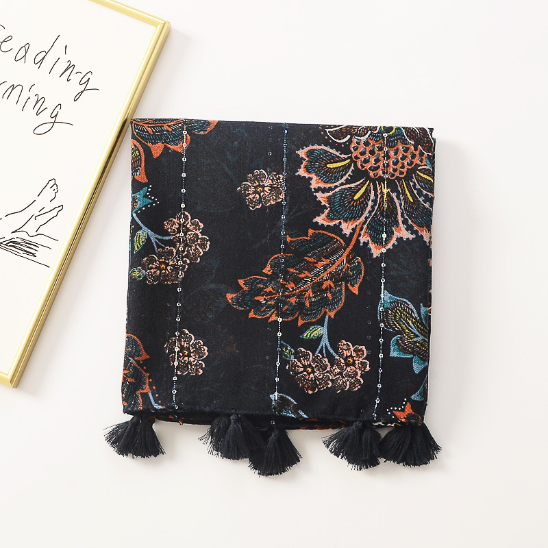 Cross-border retro color sólido floral lentejuelas impresión decorativa de algodón y lino sensación bufanda borla bufanda delgada chal de viaje