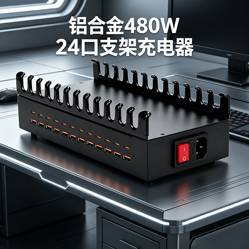 24-port multi-port stand-type charger, 480W high-power aluminum alloy shell, multi-device batch charging power supply