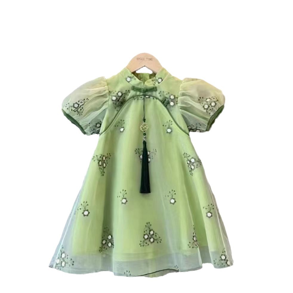 Vestido de verano de niñas bebé estilo extranjero personalidad de moda de niños estilo chino bordado vestido antiguo de malla princesa falda cheongsam