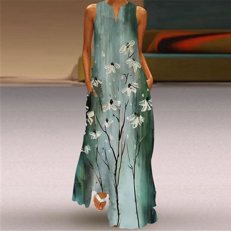 Robe longue sexy sans manches imprimée multicolore à col en V, style rétro européen et américain, collection été 2026_voghion.com
