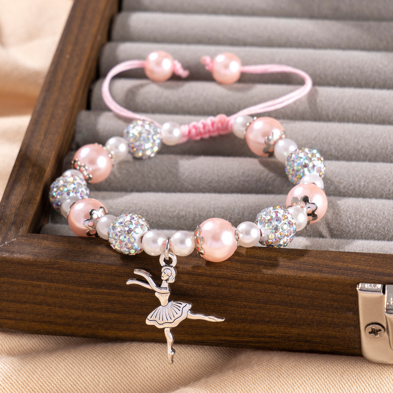 Cross-Border Ballet Girl Beaded Bracelet for Women, Pink Imitation Pearl, Full Rhinestones, Adjustable Drawstring, Girly Heart Jewelry Wholesale
