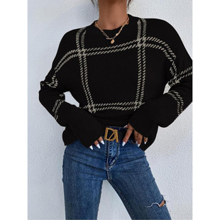 R 51886 Plaid crew neck knit sweater ��y�A�I���^ë��