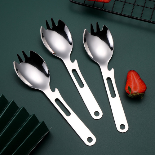 Wholesale Outdoor Picnic Fruit Fork Spoon Set Multifunctional Bottle Opener Fork Spoon Combo 304 Stainless Steel Spoon