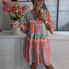 跨境外贸女装独立站亚马逊2023新款欧美秋装印花V领七分袖连衣裙