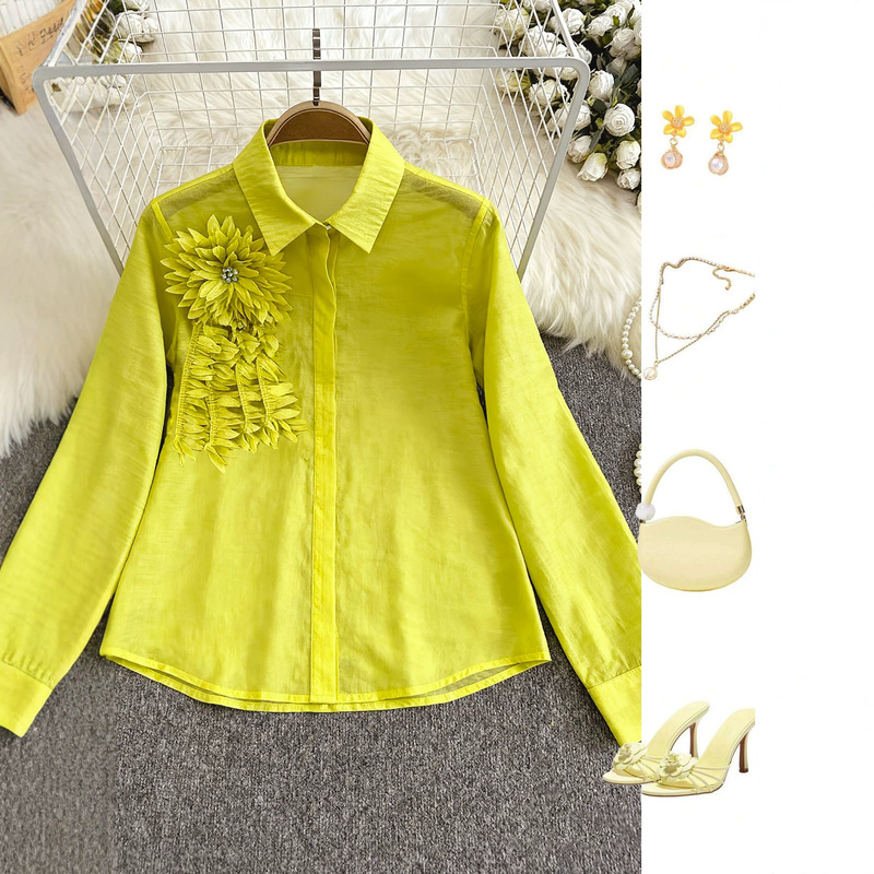Polo Collar Shirt for Women, Autumn Season, Three-Dimensional Floral Loose Irregular Design Top, French Style Women's Clothing Wholesale