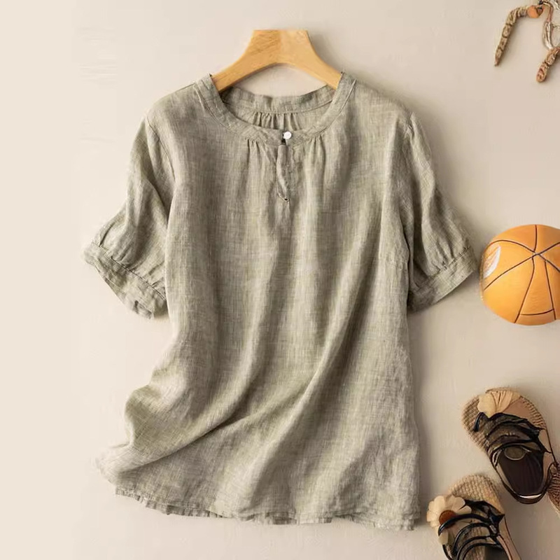 Cotton Versatile Design Artistic Round Neck Solid Color Casual Slimming Loose Top plus size Short-sleeved Shirt Women's Summer