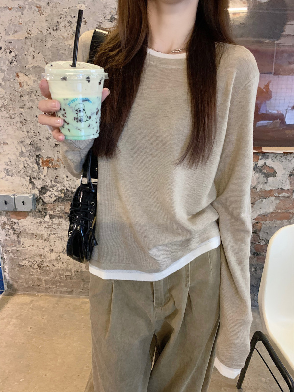 实拍秋季新款韩版撞色圆领假两件宽松休闲针织衫长袖上衣女87660|undefined