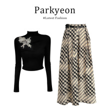 parkyeon新中式氛围感蝴蝶结刺绣长袖上衣格纹半身裙秋季爆款套装